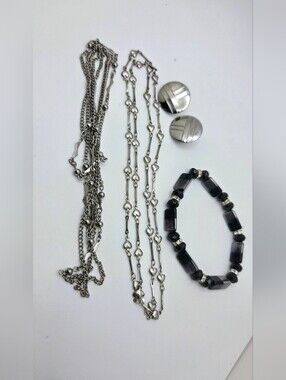 Silver-Tone Necklaces Black Bead Bracelet Clip On Earrings Jewelry Set
